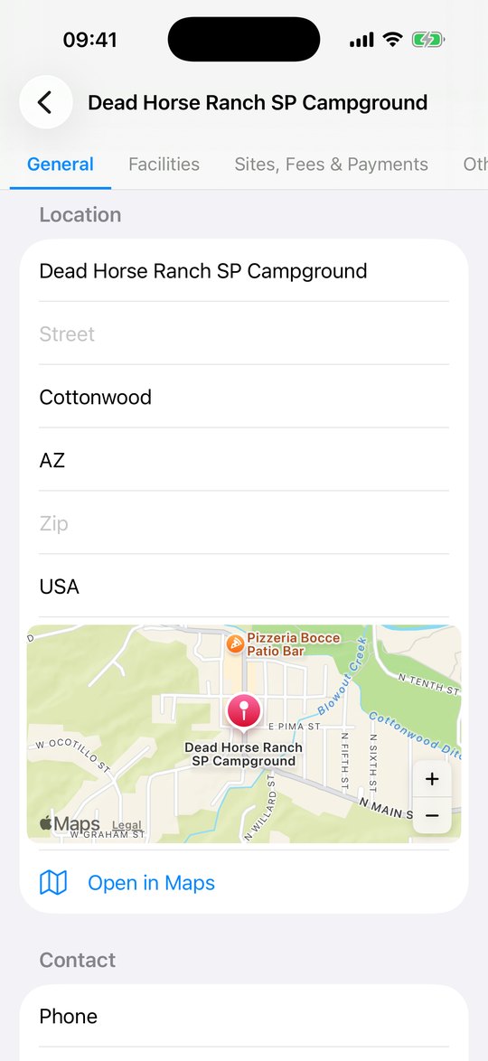 Campground detail in RVCare Logbook on iPhone, showing a site with its location, map and facilities