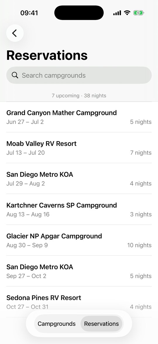 Reservations list in RVCare Logbook on iPhone, showing upcoming campground bookings with dates and nights