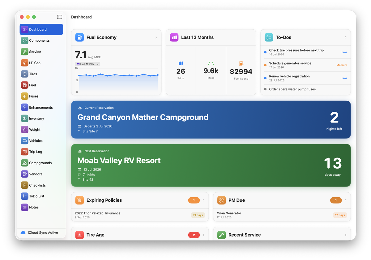 RVCare Logbook dashboard on Mac